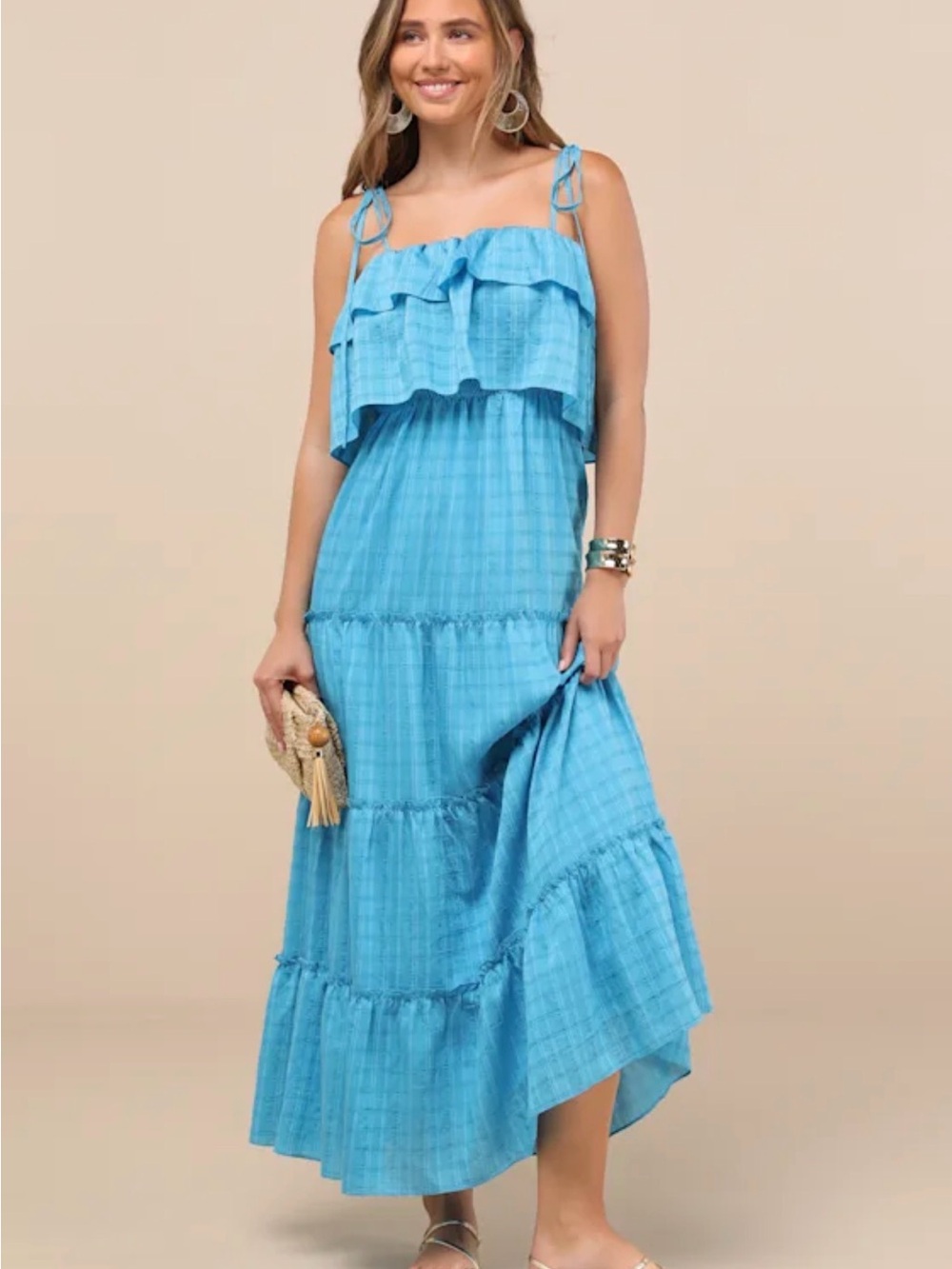 Lulus Inaya Aqua Blue Textured Tie-Strap Tiered Maxi Dress